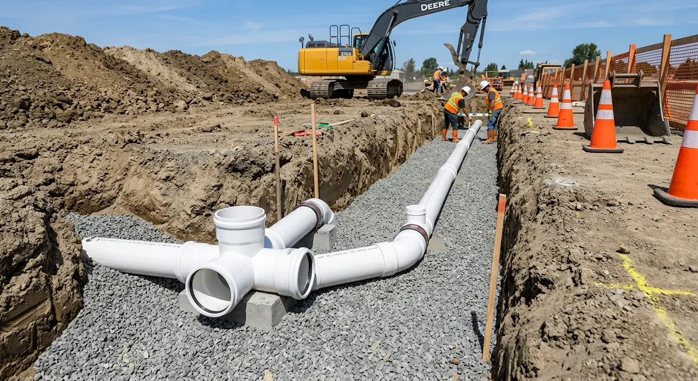 New PVC sewer pipe installation in open trench for Grease Trap Cleaning in Bowling Green
