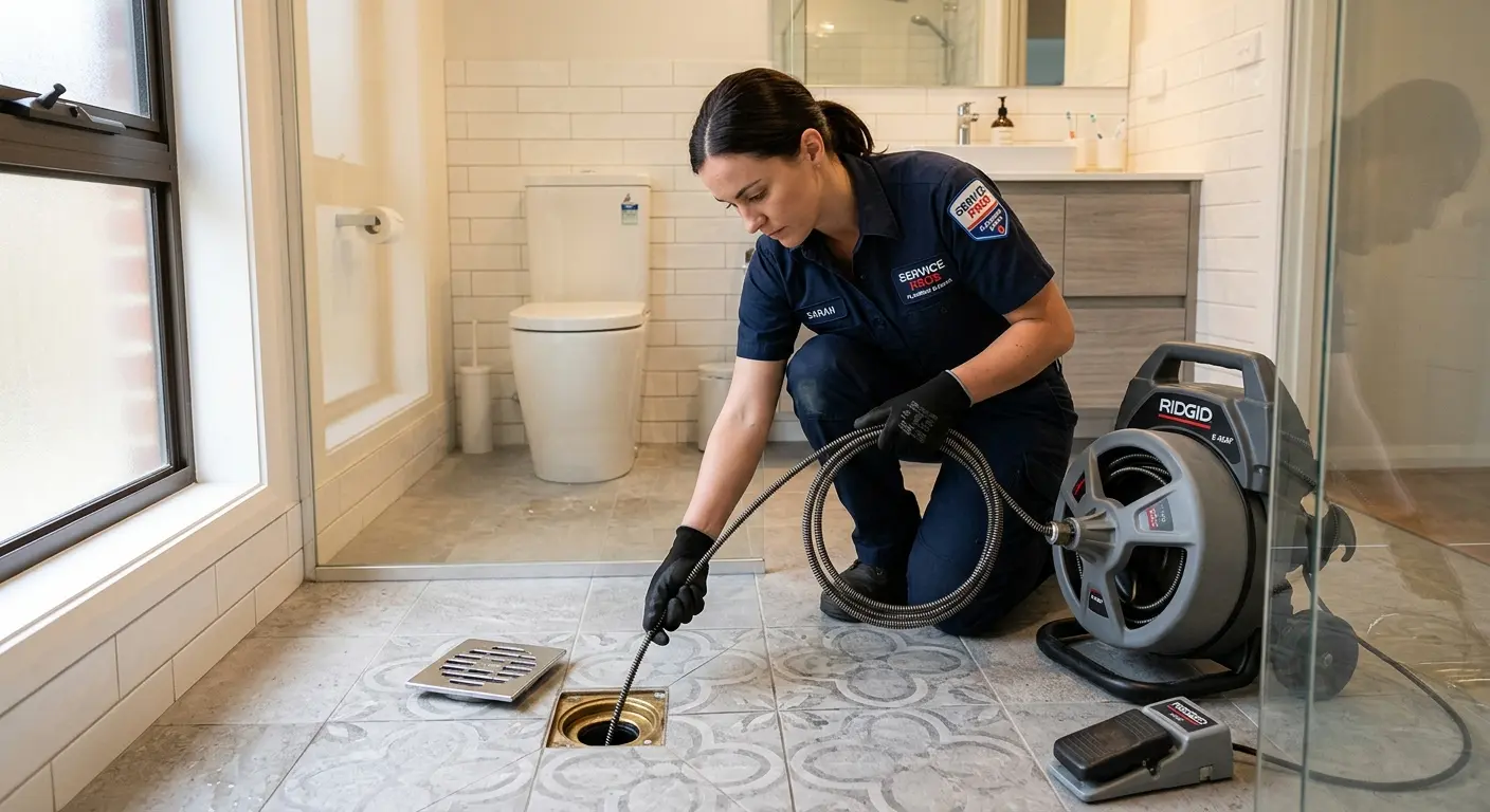 Technician clearing a bathroom floor drain for Sewer Line Replacement in Bowling Green